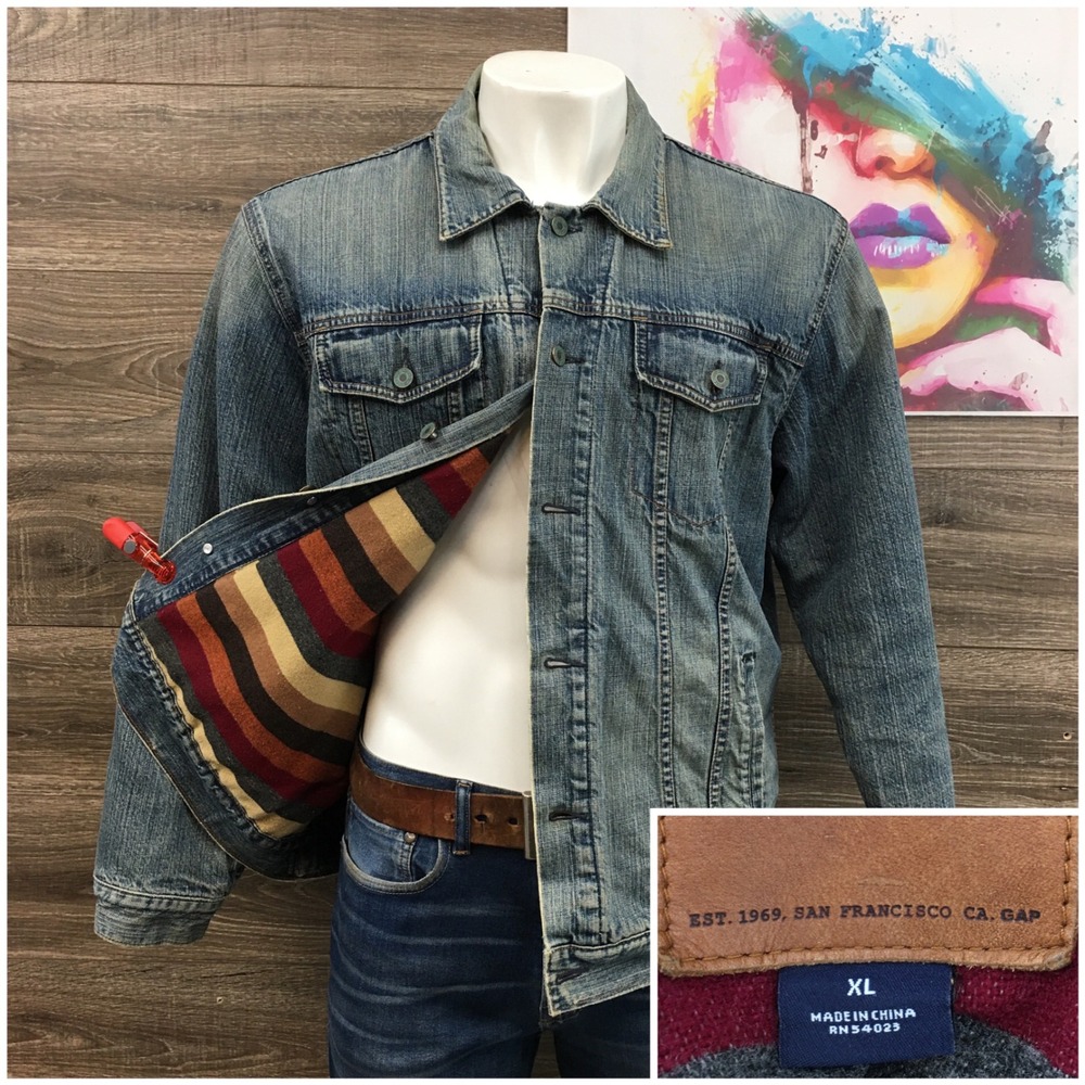 VINTAGE Gap Mens Denim Jacket XL Blue Striped Wool Blend Lined Trucker Jean Coat
